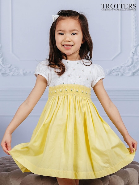 Trotters London Girls Lemon Yellow Rose Hand Smocked Dress (283044) | £88 - £94