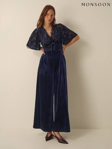 Blue - Monsoon Nadine Floral Devoré Velvet Jumpsuit