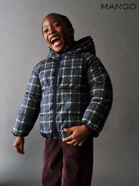 Blue - Mango Reversible Check Puffer Coat