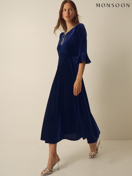 Blue - Monsoon Clara Embellished Velvet Midi Dress