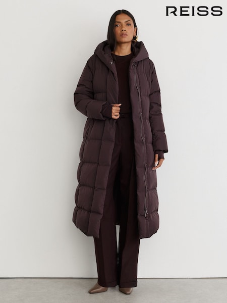 Dark Grape - Reiss Larissa Belted Longline Hooded Puffer Coat