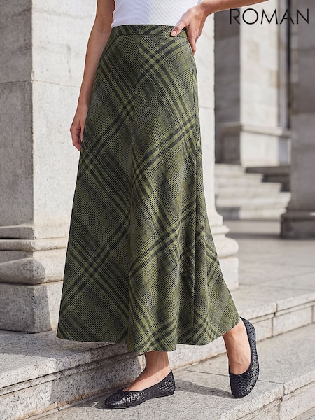 Green - Roman Print Midi Skirt