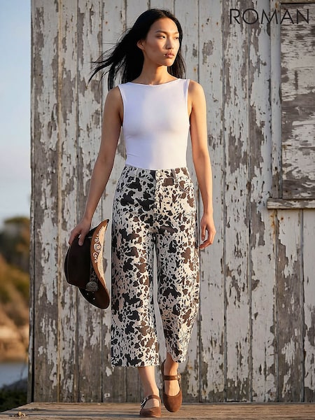 Brown - Roman Cow Print Wide Leg Cropped Jeans