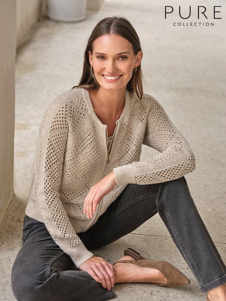 Natural - Pure Collection Cotton Mesh Zip Cardigan