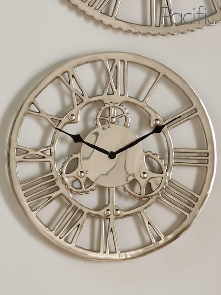 Pacific Silver Shiny Nickel Cog Design Small Round Wall Clock (285978) | £130
