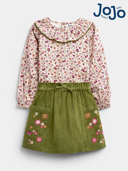 Khaki Green Floral - Jojo Maman Bébé Printed Collar Top & Embroidered Cord Skirt