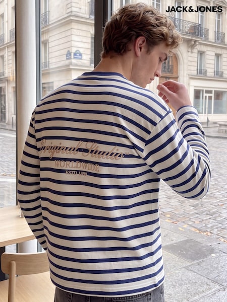Blue - Regular Jack & Jones Long Sleeve Script Graphic Stripe T-shirt