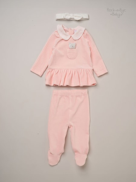 Pink - Rock-a-bye Baby Boutique Ribbed Velour Top Footed Trousers And Plush Headband Set