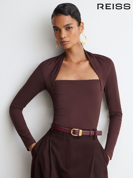 Burgundy - Reiss Harriette Square-neck Ruched Long Sleeve Top