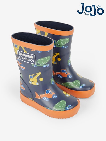 JoJo Maman Bébé Navy Blue Construction Printed Lined Wellies (289082) | £22.50 - £24.50