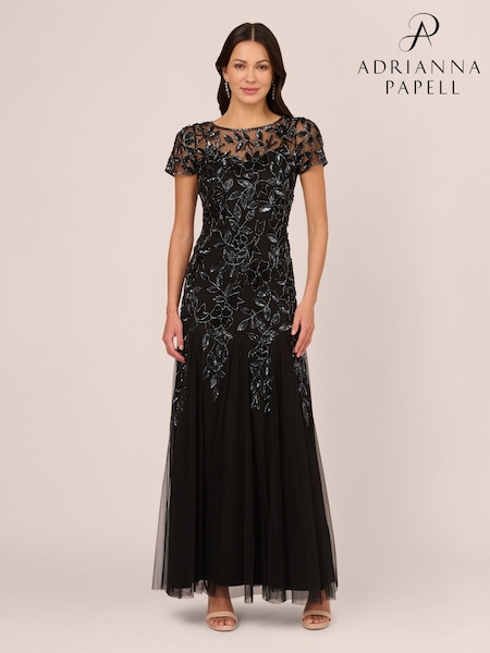 Black - Adrianna Papell Bead Long Dress With Godets