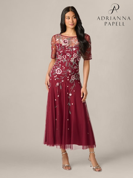 Red - Adrianna Papell Petite Beaded Mesh Ankle Dress
