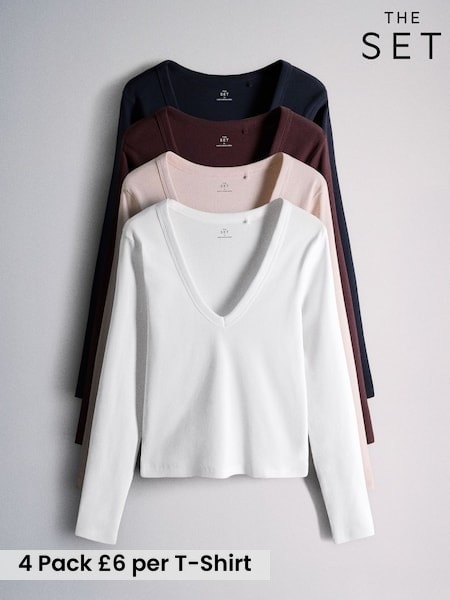 Dark Navy/Plum/Pink/White - The Set 4 Pack Long Sleeve Ribbed V-neck T-shirts