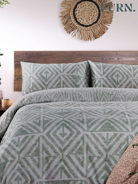 furn. Sage Green Tanza Global Geometric Reversible Duvet Cover and Pillowcase Set (292432) | £16 - £32