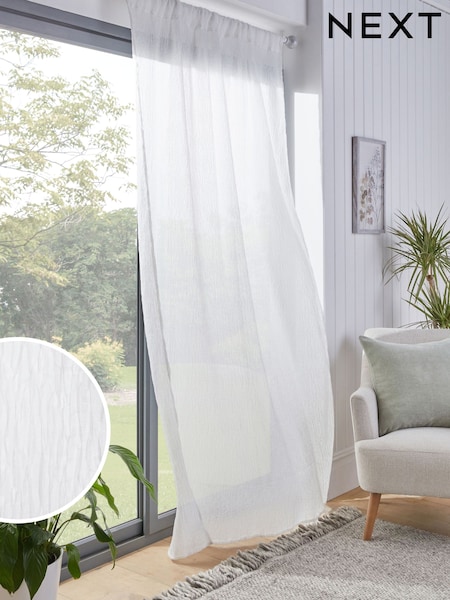 White Crinkle Slot Top Voile Unlined Sheer Panel Curtain (292767) | £26 - £34