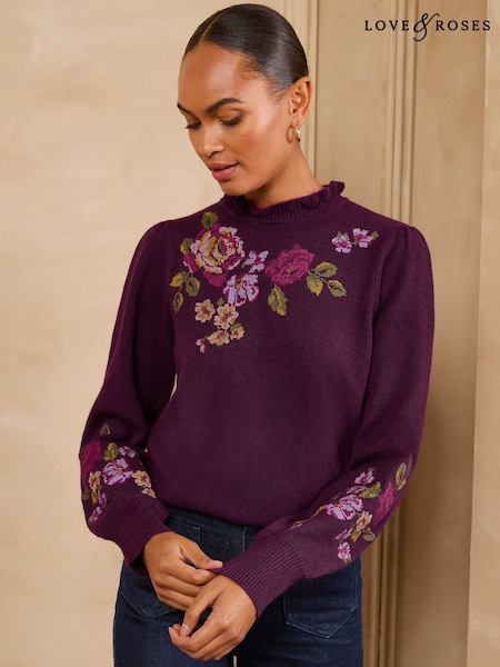 Purple - Love & Roses Floral Jaquard Frilled Neck Knitted Jumper