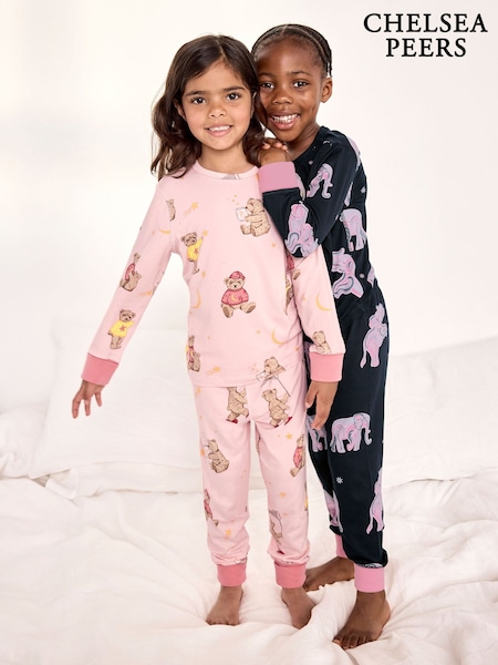 Pink - Chelsea Peers Kids Two Pack Elephant Dreamscape/celestial Bear Print Long Pyjama Set