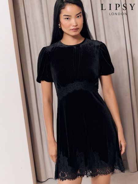 Black - Velvet Lace Trim Short Sleeve Mini Dress