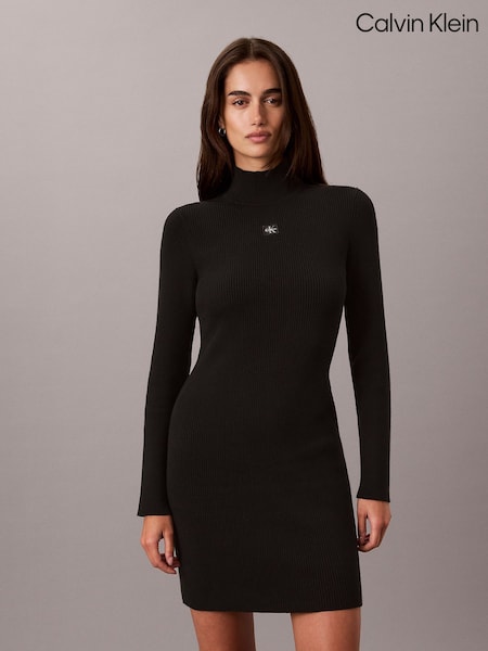 Black - Calvin Klein Slim Ribbed Cotton Mini Dress