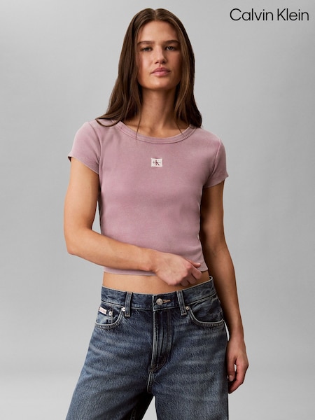 Purple - Calvin Klein Slim Ribbed Washed Cotton T-shirt