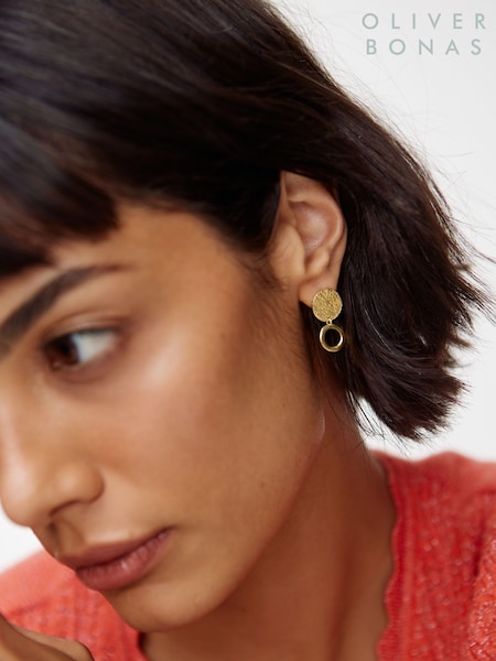 Oliver Bonas Gold Plated Anatola Textured Disc & Ring Drop Earrings (298974) | £24