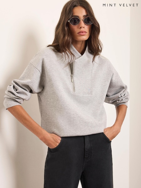 Grey - Mint Velvet Cotton Blend Zip Detail Hoodie