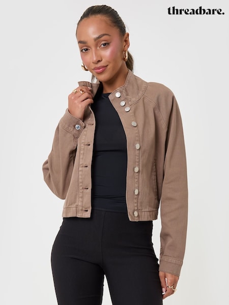 Brown - Threadbare Funnel Neck Denim Bomber Jacket