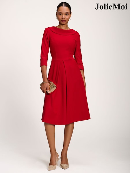 Red - Jolie Moi Roll Neck ¾ Sleeve Midi Dress