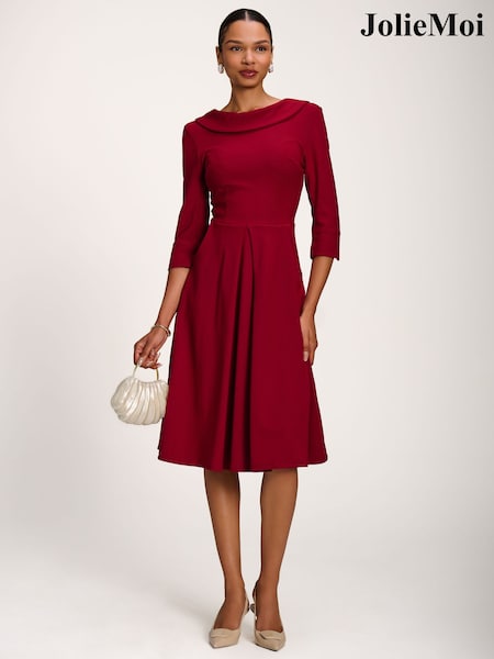 Burgundy - Jolie Moi Roll Neck ¾ Sleeve Midi Dress