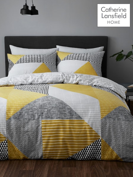 Catherine Lansfield Ochre Yellow Grey Larsson Geo Duvet Cover and Pillowcase Set (300053) | £17 - £28