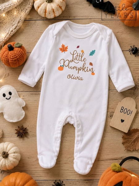 White - Personalised Pumpkin Baby Sleepsuit By Little Years