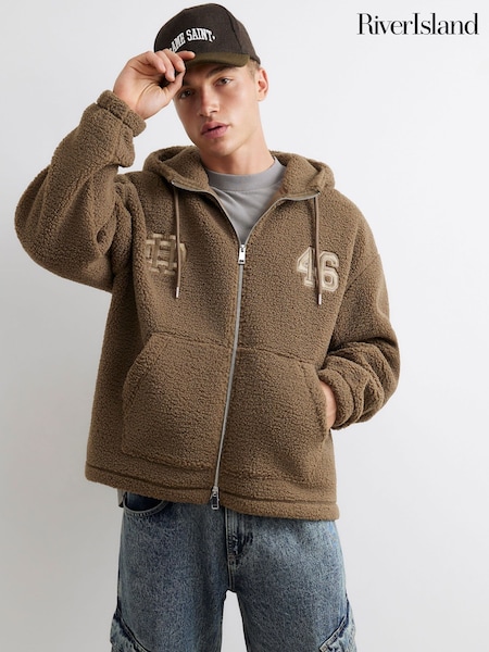 Brown - Regular River Island Oversized Fit Borg Lined Hoodie