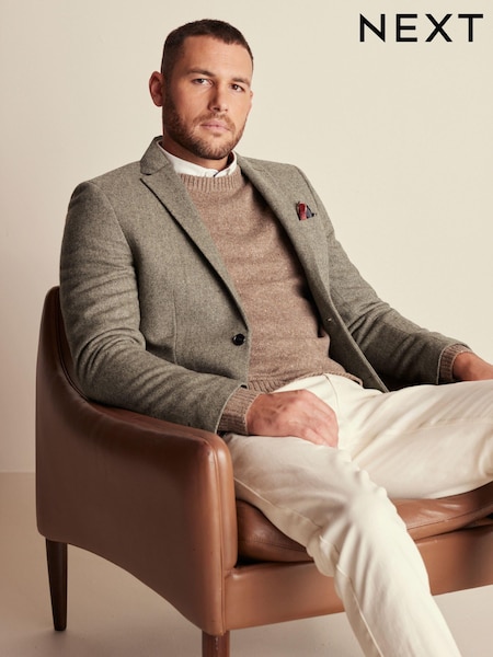 Taupe Slim Fit Wool Rich Herringbone Blazer (303066) | £99
