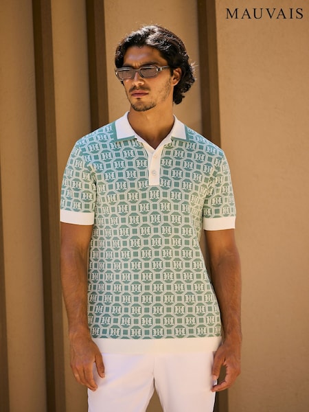 Sage Green - Regular Mauvais Monogram Knit Polo Shirt