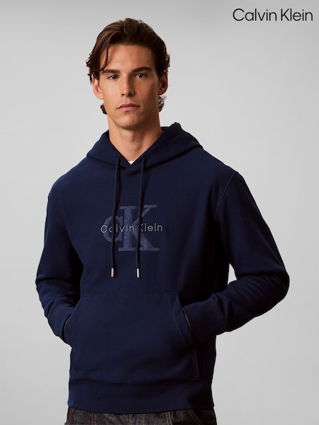 Blue - Regular Calvin Klein Premium Terry Denim Logo Hoodie