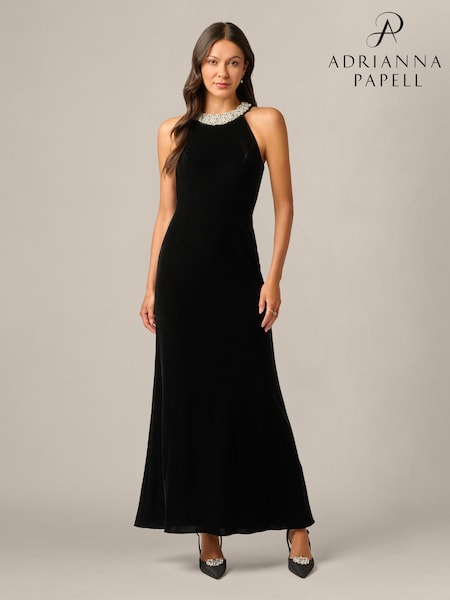 Black - Adrianna Papell Studio Petite Beaded Halter Velvet Gown