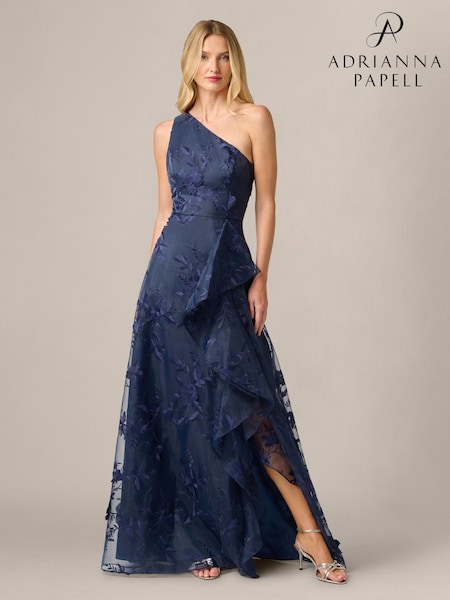 Blue - Adrianna Papell Embroidered Ruffle Dress