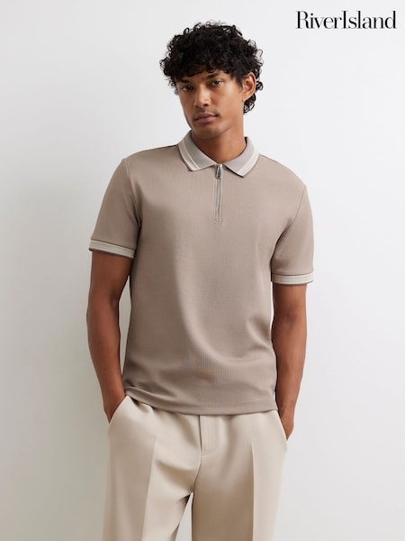 Natural - Regular River Island Slim Fit Zip Neck Waffle Polo Shirt
