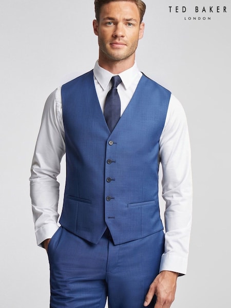 Blue - Regular Ted Baker Tailoring Slim Fit Cobalt Sharkskin Waistcoat
