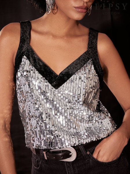 Silver - Lipsy Sequin Velvet Tipped Vest Top