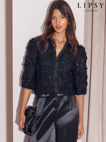 Black - Lipsy Sequin 3d Floral Textured Puff Sleeve Shirt
