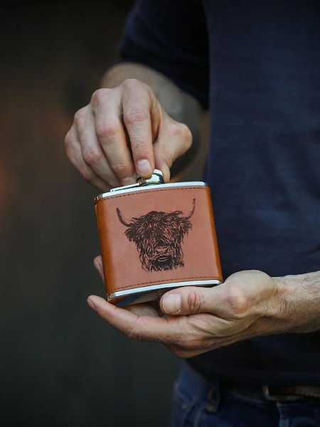 Selbrae House Highland Cow Leather Hip Flask