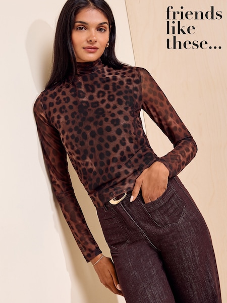 Brown - Friends Like These Animal Print Mesh Roll Neck Top
