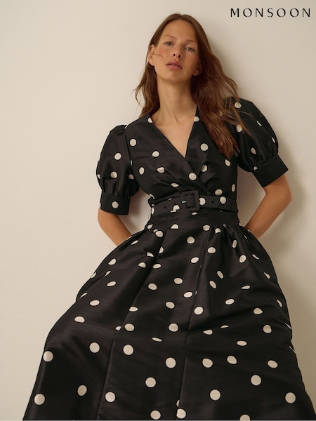 Black - Monsoon Amara Polka Dot Belted Midi Dress