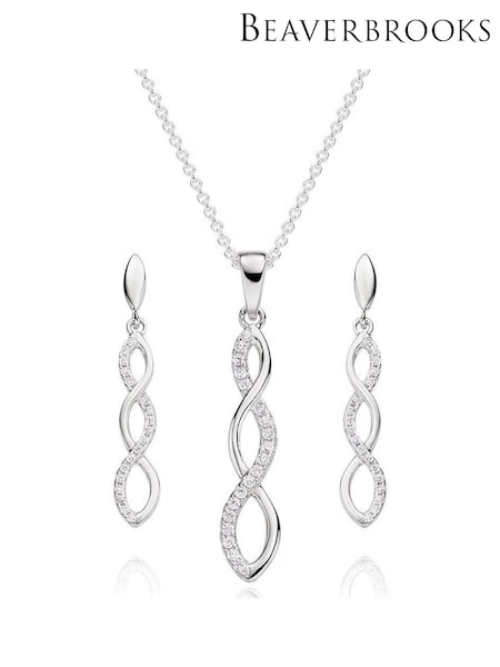 Beaverbrooks Sterling Silver Infinity Cubic Zirconia Pendant & Earrings Set (310295) | £125