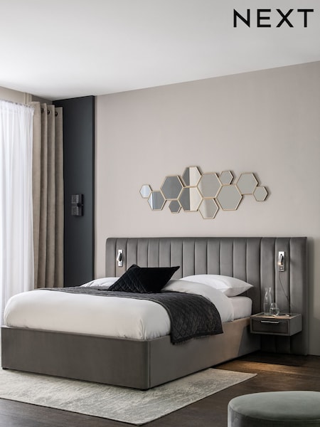 Opulent Velvet Steel Grey Mayfair Upholstered Hotel Bed Frame with Ottoman Storage Bedside Tables and Lights (311083) | £1,215 - £1,415