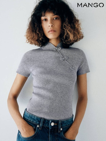 Grey - Mango Mandarin Collar Ribbed Knit Top