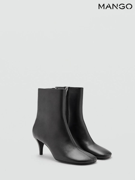 Black - Mango Round Toe Kitten Heel Ankle Boots