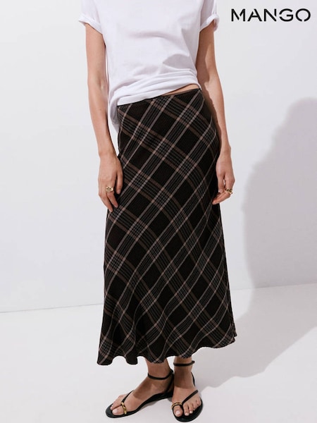 Brown - Mango Check Print Midi Skirt