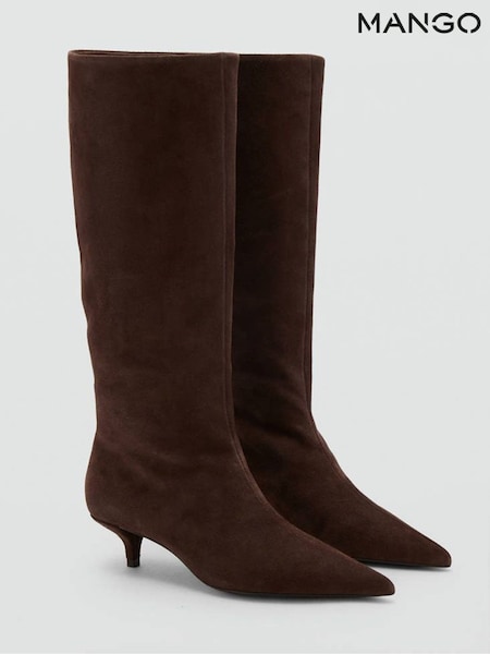 Brown - Mango Suede Pointed Toe Knee High Kitten Heel Boots